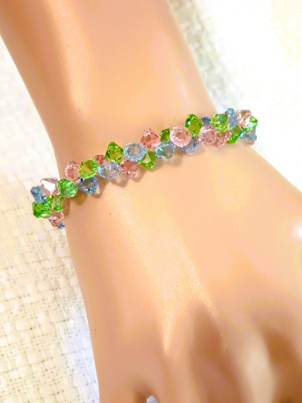 Pastel Crystal Weaved Bead Bracelet 7" Pink Blue Rhinestone Toggle Clasp